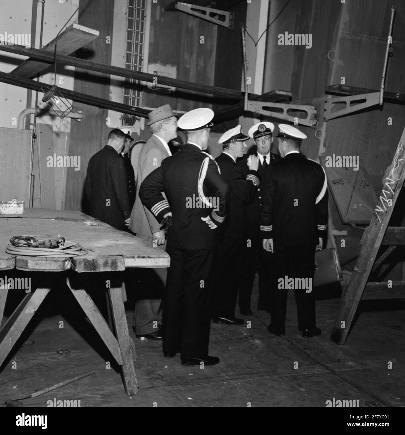 Prince Bernhard, in his position as Inspector General of the Armed Forces (IGK) and in the Uniform of Lieutenant Admiral (LTADM), visit the Rotterdamsche Droogdok Maatschappij (RDM) at the Heijplaat in Rotterdam. The seven provinces (Zipprov) (C 802) and the pool star (A 835), the supply ship for the Royal Netherlands Marine (KM), which after the commissioning as Harer Majesteits (Hr.Ms.) will go into the pool star. The hangar is also visited on board the pool star. Stock Photo