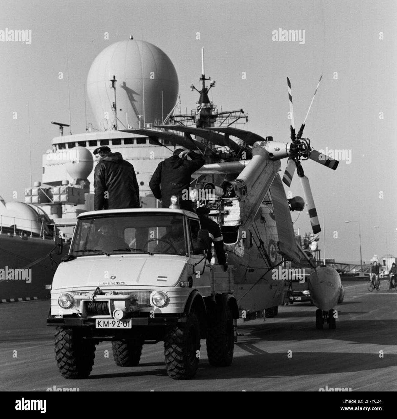 Transport of a Canadian Seeding Helicopter to the Marine Airport De Kooy in Den Helder. Stock Photo