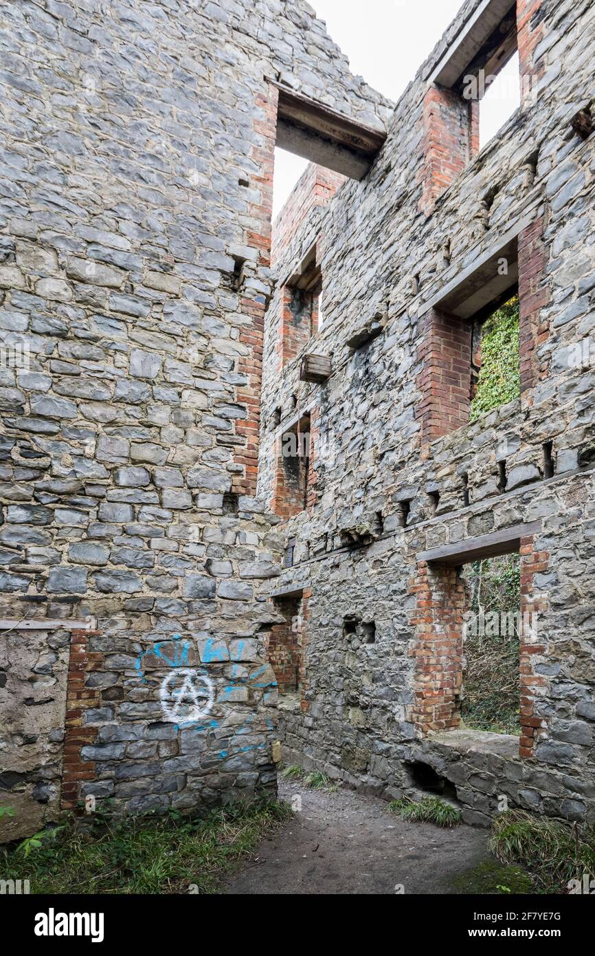 Graffiti at Aberthaw lime works, a Grade II listed building that operated from 1888 to 1926, Wales, UK Stock Photo