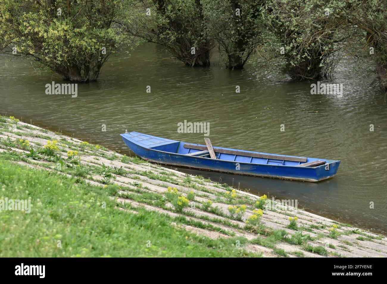 Wooden boat on the bank of the flooded river Stock Photo - Alamy