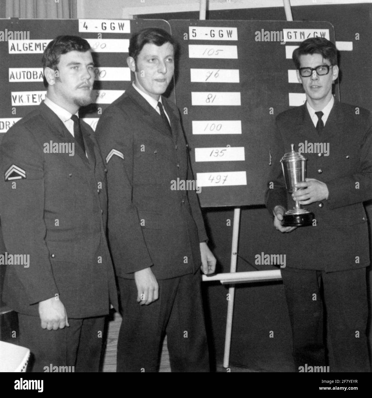 I.v.m. Major differences in the field of traffic legislation was decided to organize a quiz between the different groups of led weapons. During a short ceremony, the winning team of the engine transport Squadron of the 5th group of led weapons (5 GGW) becomes. The cup is held here by Sergeant first class C. Nauta. Stock Photo