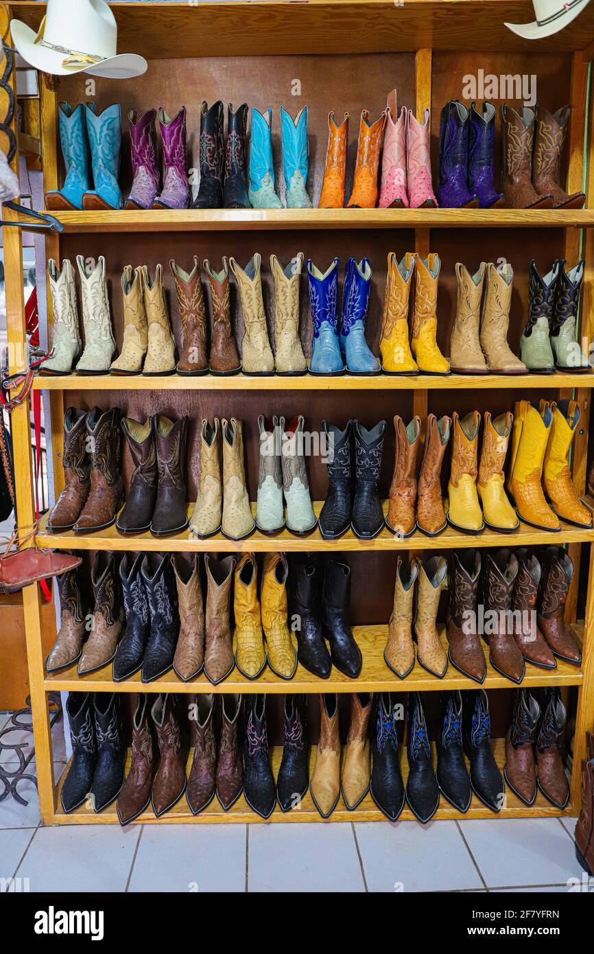 Cowboy boots on display in the factory of boots, saddlery, footwear and  leather crafts in the municipality of Moctezuma. Moctezuma, Sonora, Mexico.  . (Photo by Luis Gutierrez / Norte Photo) Botas vaqueras