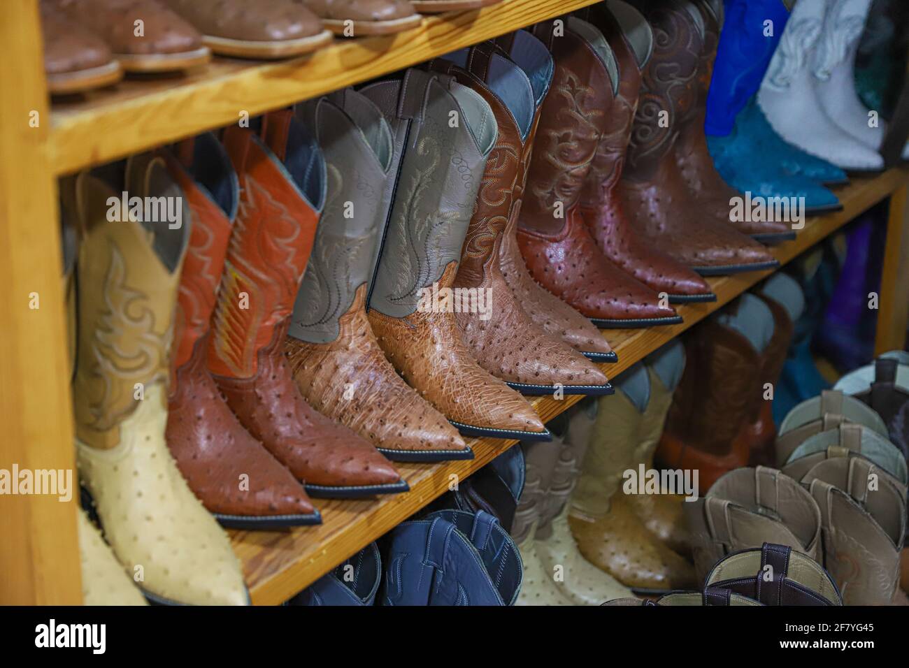 Cowboy boots on display in the factory of boots, saddlery, footwear and  leather crafts in the municipality of Moctezuma. Moctezuma, Sonora, Mexico.  . (Photo by Luis Gutierrez / Norte Photo) Botas vaqueras
