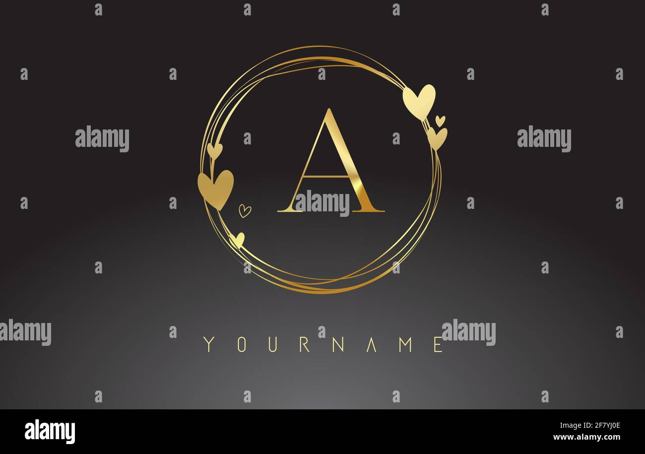 Letter A Logo with golden circle frames and golden hearts. Luxury ...