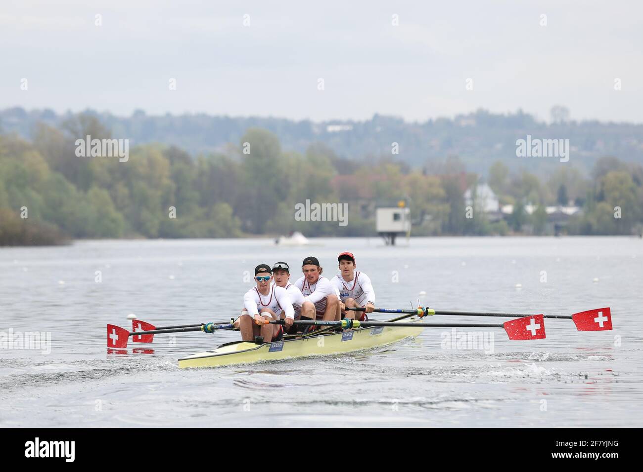 Varese, Italy. 10th Apr, 2021. Markus Kessler, Paul Jacquot, Joel Schuerch and Andrin Gulich of Switzerland compete in the Men's Four Semifinal A/B 1 on Day 2 at the European Rowing Championships in Lake Varese on April 10th 2021 in Varese, Italy Credit: Mickael Chavet/Alamy Live News Stock Photo