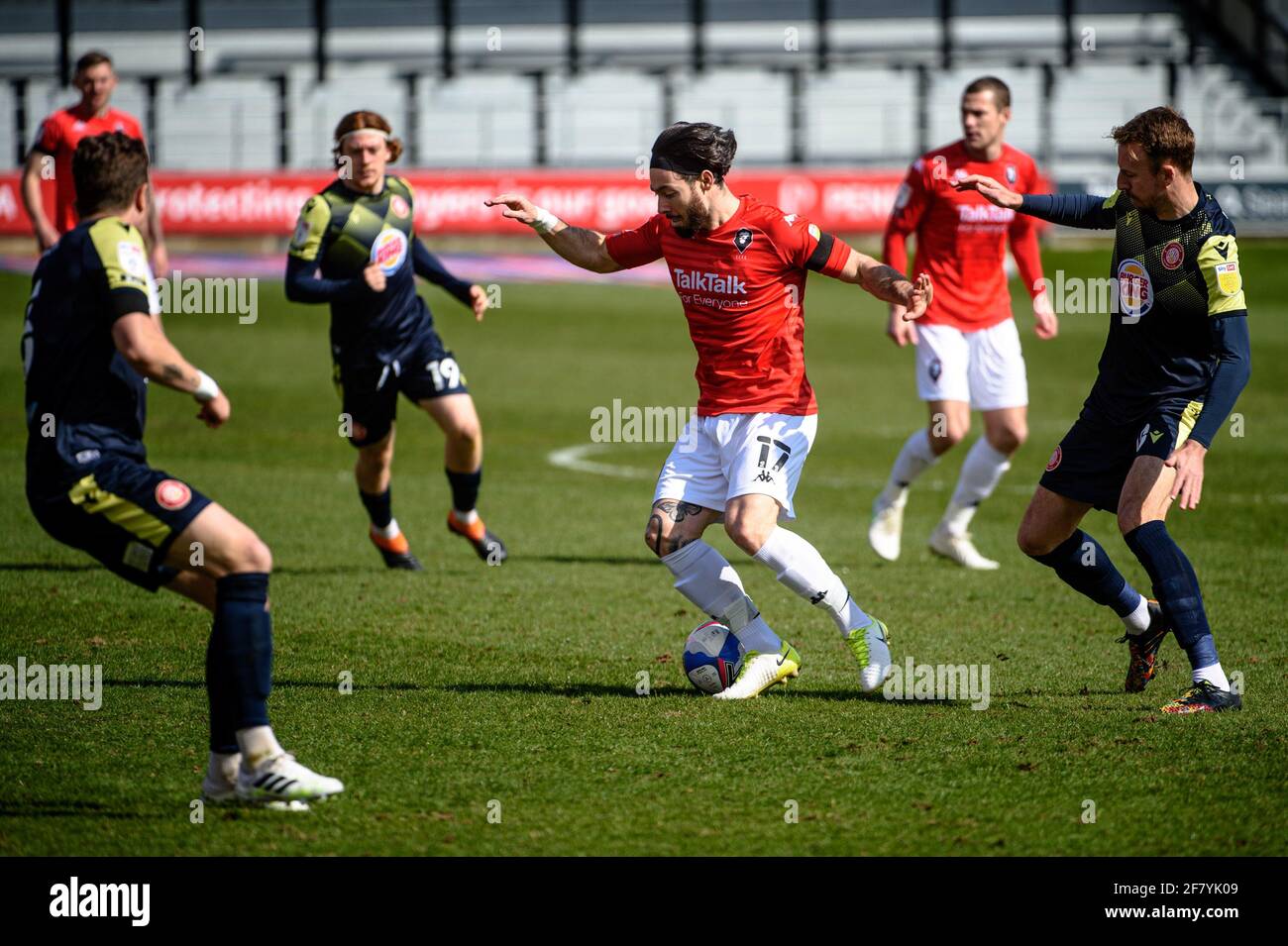 SALFORD, UK. APRIL 10TH: Richie Towell of Salford City FC under pressure from the Stevenage Defence during the Sky Bet League 2 match between Salford City and Stevenage at Moor Lane, Salford on Saturday 10th April 2021. (Credit: Ian Charles | MI News) Credit: MI News & Sport /Alamy Live News Stock Photo