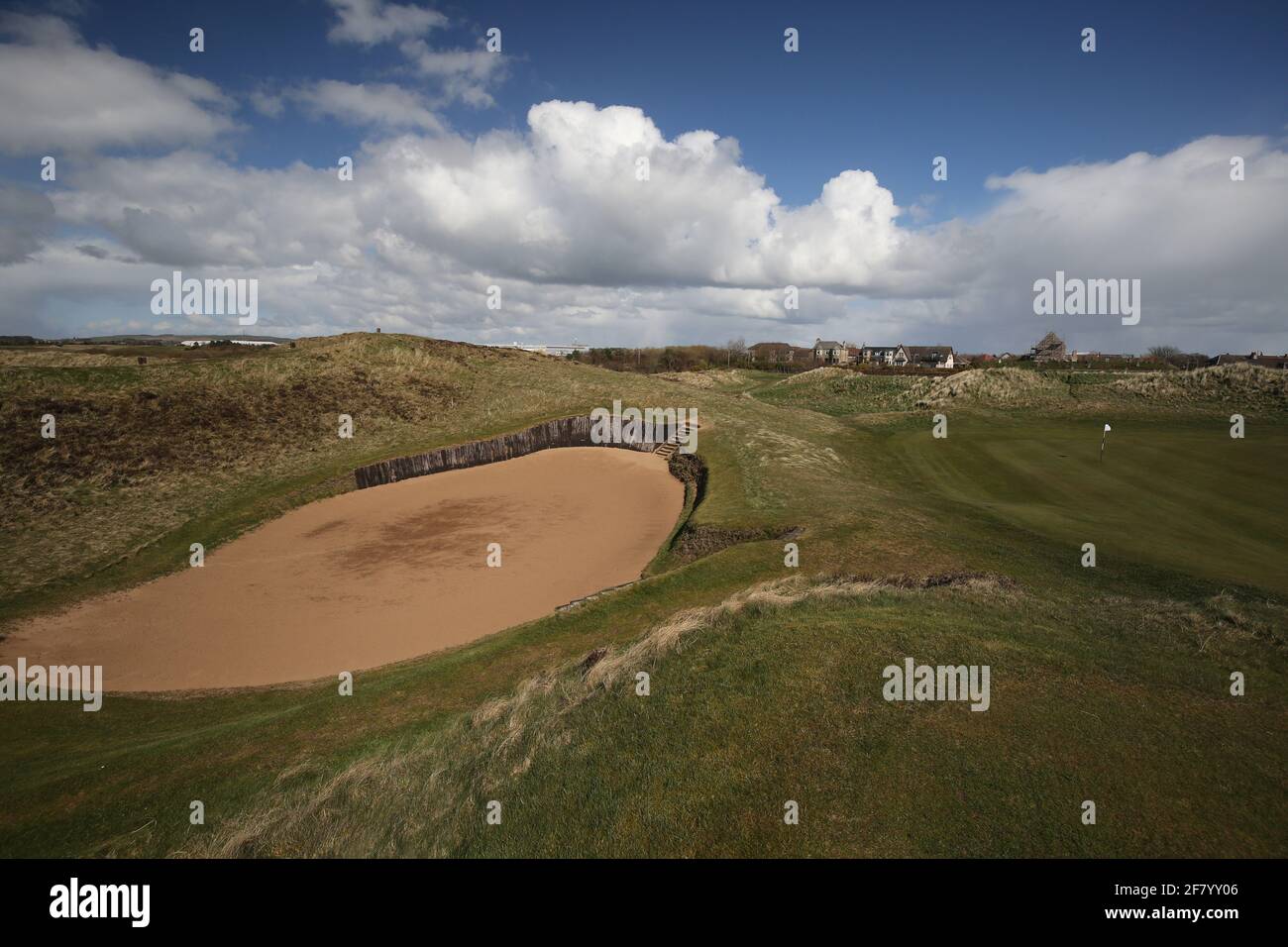 Scotland, Ayrshire, Prestwick, 09 April 2021 .  Prestwick Old Course where the first Open Golf Championship was held in October 17, 1860 The 17th hole Stock Photo
