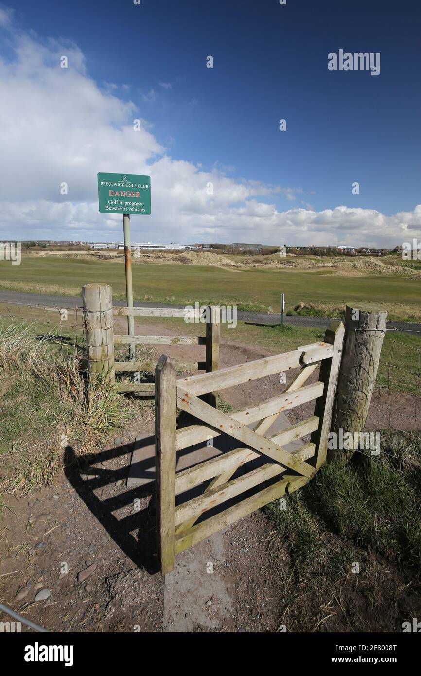 Scotland, Ayrshire, Prestwick, 09 April 2021 .  Prestwick Old Course where the first Open Golf Championship was held in October 17, 1860 Stock Photo