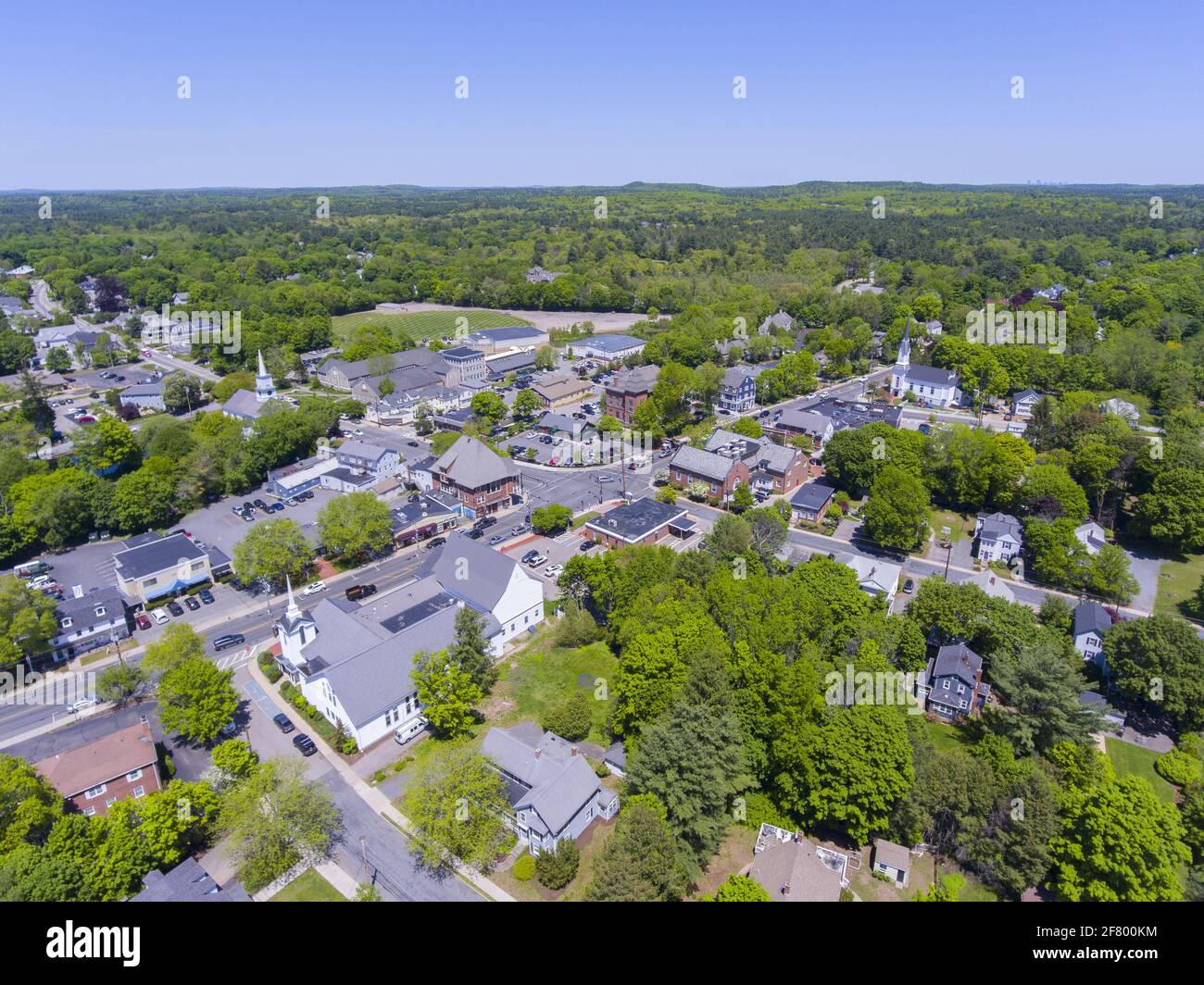 Aerial view of Medfield historic town center and Main Street in summer