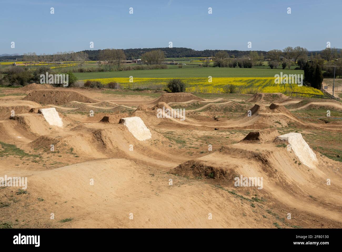 Bike park with dirt jumps in Forallac, Catalonia, Spain Stock Photo