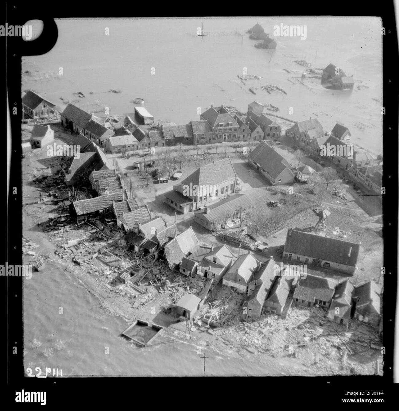 Watersnoodramp 1953. Air photo of Ouwerkerk and an overview of the area affected by the disaster. Stock Photo