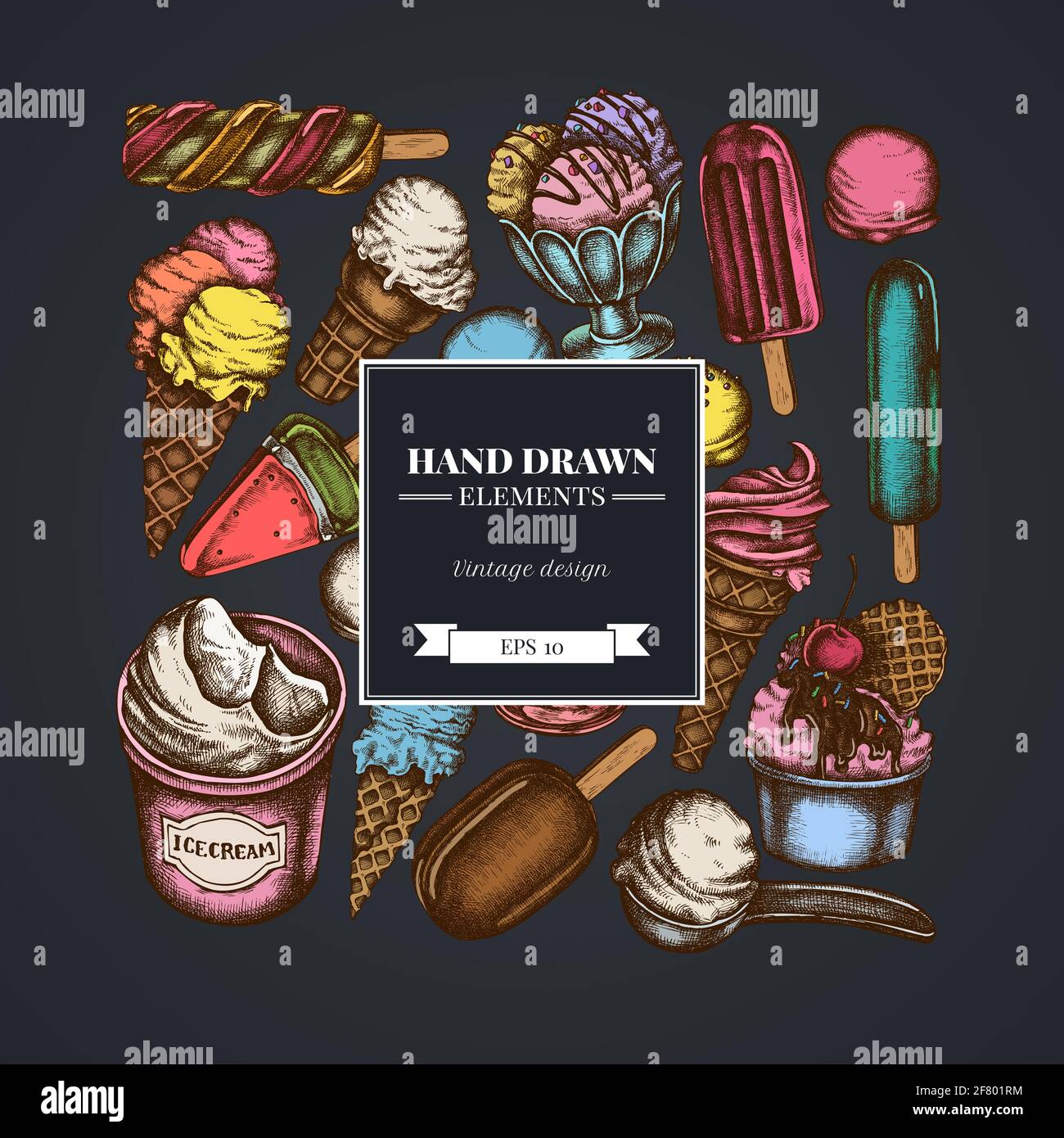 Square design on dark background with ice cream bowls, ice cream bucket
