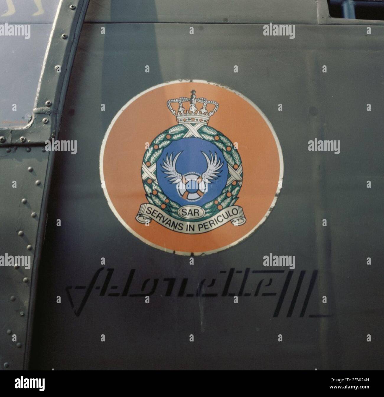 Squadron logo of the search and Rescue Squadron (SAR) on the side of an Alouette III helicopter. Stock Photo