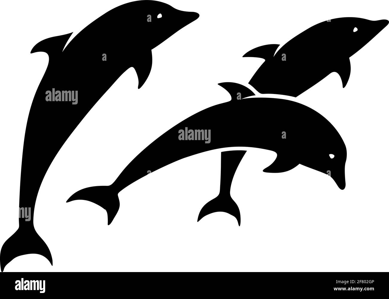 Vector black silhouettes of three jumping dolphins isolated on a white background. Stock Vector