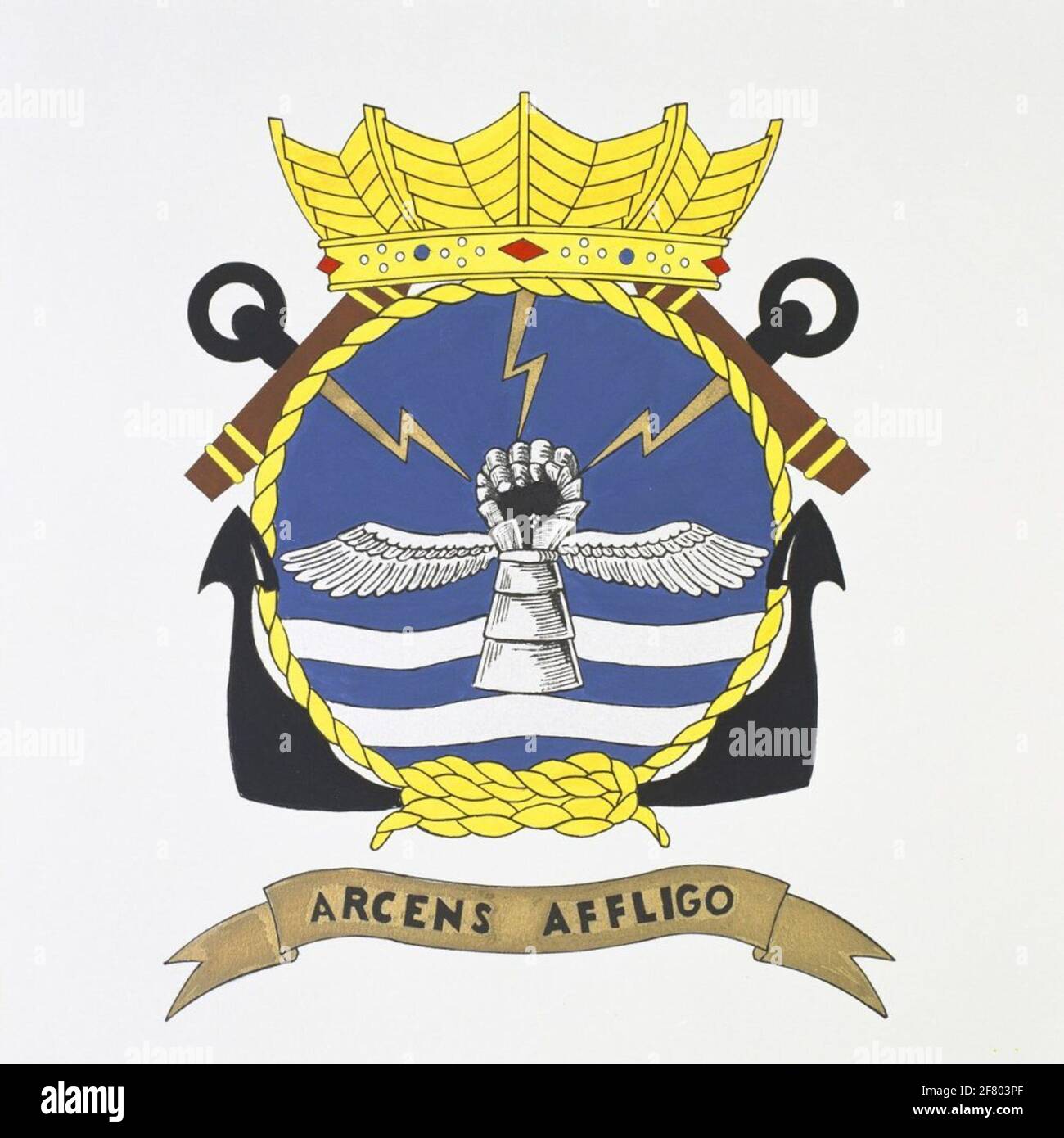 Squadron 860 (SQ 860). From a flight camp company, this Squadron had to float enemy attacks. These attacks are depicted in the emblem by lightning bolts, the defense by the fist. On board Hr.Ms. Karel Doorman (1948-1968) Arcens AFFLIGO (Developing I find) sometimes translated with 'thready throwing'. Nowadays Squadron uses 860 helicopters to operate from the frigates. Stock Photo