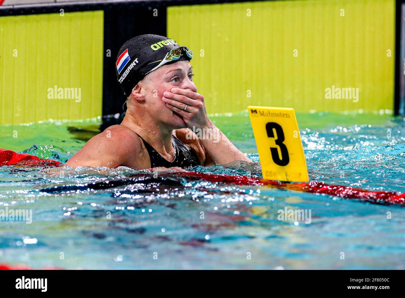 Eindhoven Netherlands April 10 Kira Toussaint Celebrating European Record In The Women 50m Backstroke Finals During The Eindhoven Qualification Me Stock Photo Alamy