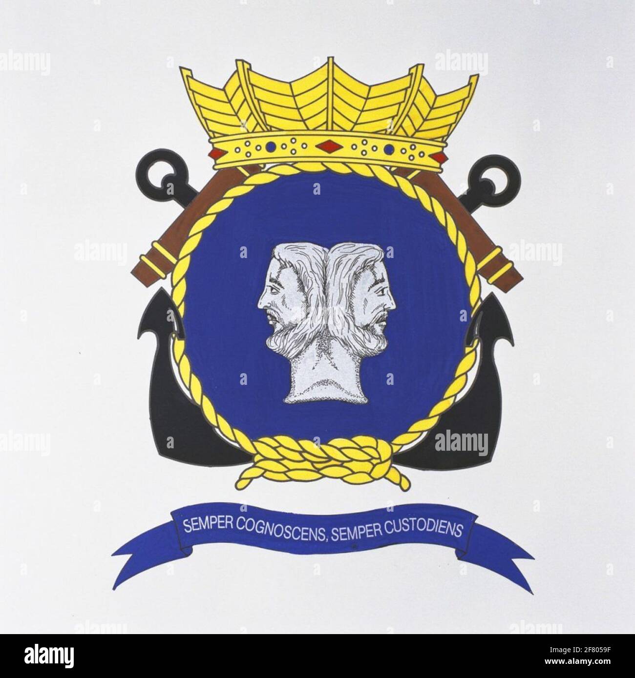 Marine Intelligence Service (Marid) / Military Intelligence Service Royal Navy (MIDKM). The Roman God Janus symbolizes the past and the future. In wartime, the Roman people stated under its protection, awaiting a new time of peace and a safe return of the force. Logo shield and the spell: Semper cognoscens, Semper Custodiens (always permanently, always conservative) refer to the work of the Marid. Stock Photo