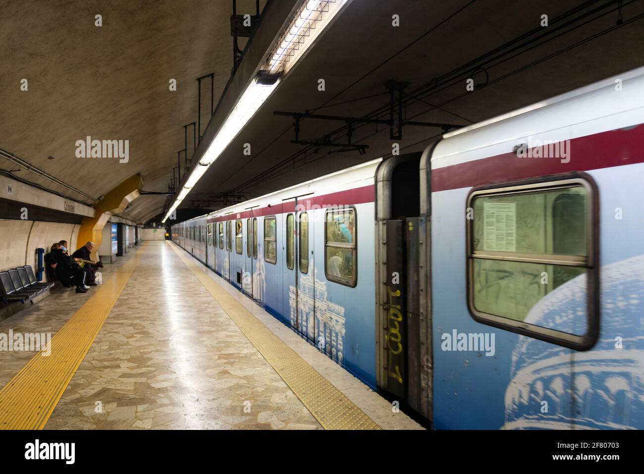 Rome, Italy. Spring 2020. Rome Metro, Colosseum station. The train starts moving from the metro platform. Stock Photo