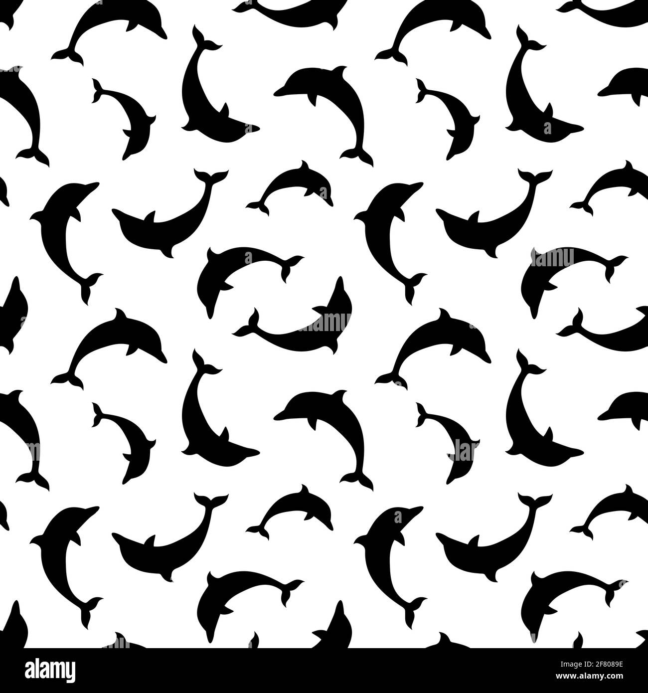 Vector seamless pattern with black dolphins silhouettes on a white background. Stock Vector