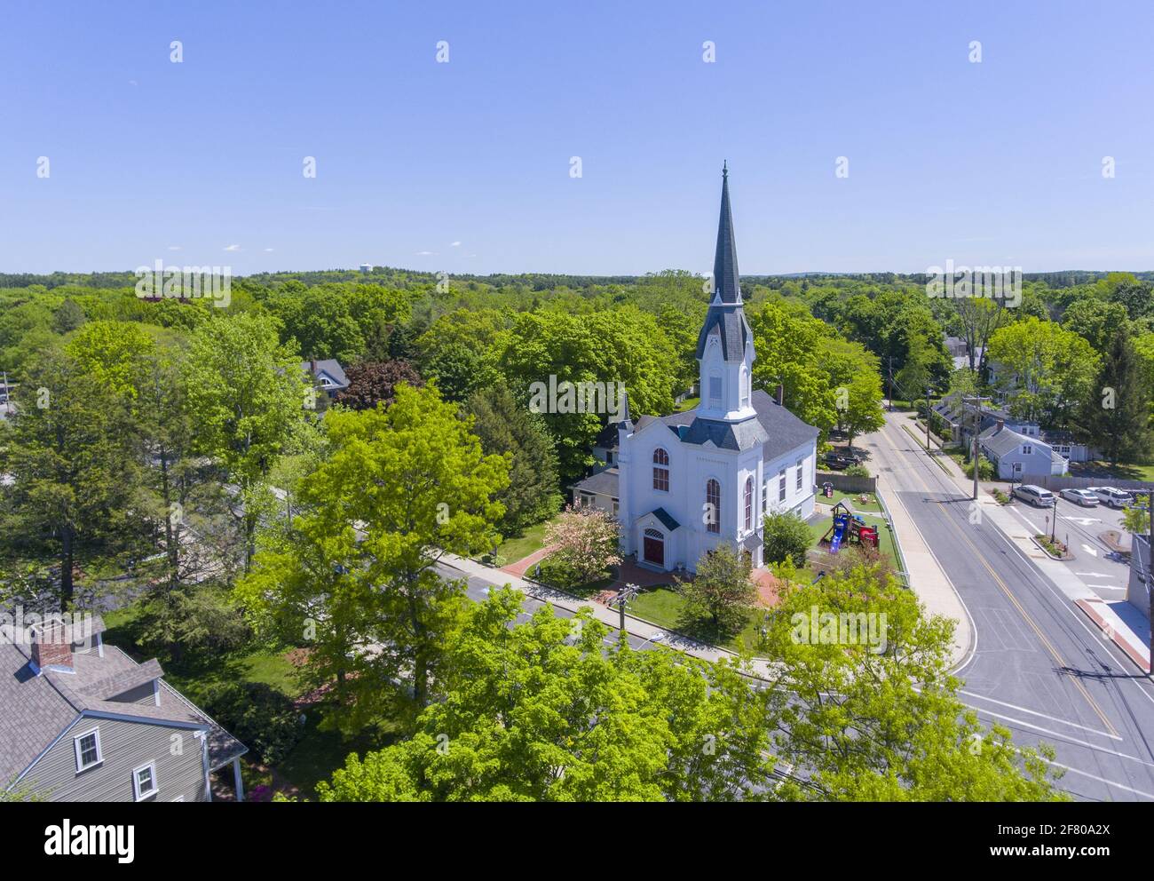Aerial view of First Baptist Church at Medfield historic town center on