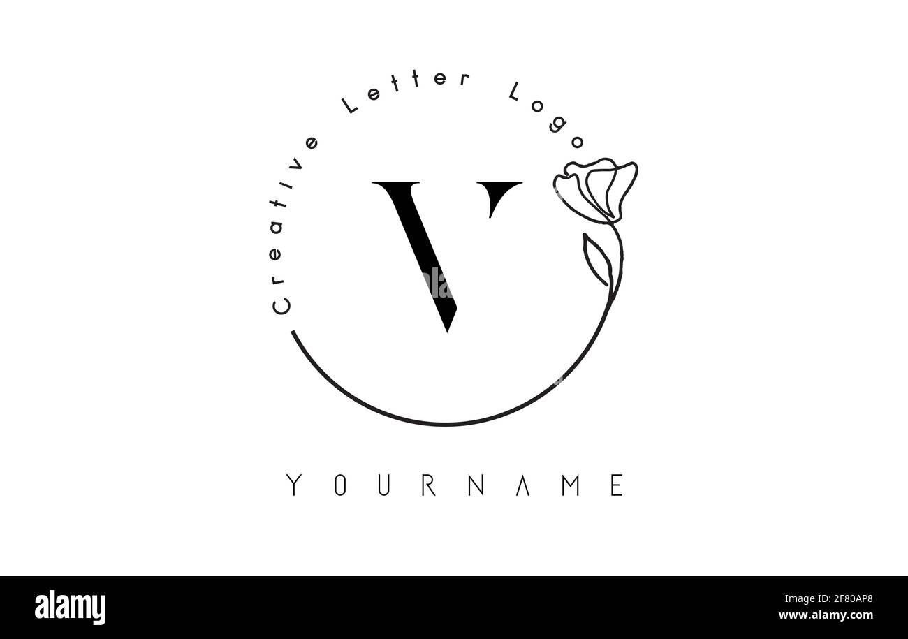 Creative initial letter V logo with lettering circle hand drawn flower ...