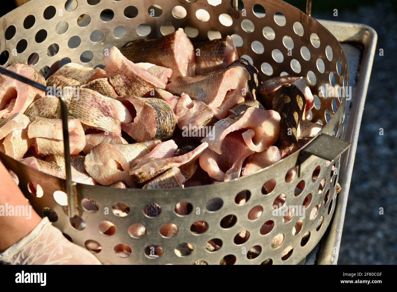 Traditional fish boil with whole chunks of fresh Lake Michigan whitefish to be dropped into boiling pot of water, Door County, Wisconsin, USA Stock Photo