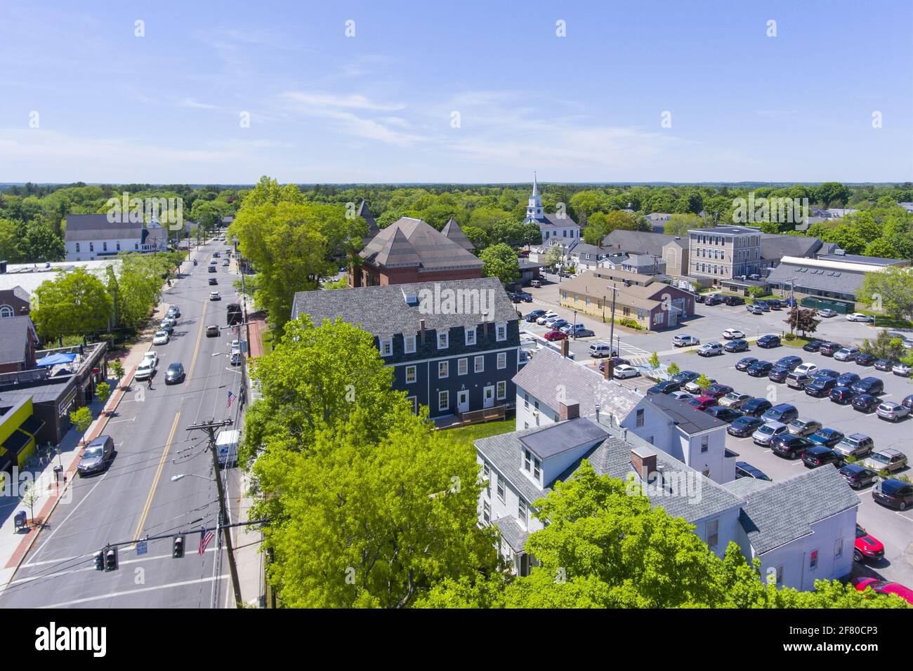 Aerial view of Medfield historic town center and Main Street in summer, Medfield, Boston Metro