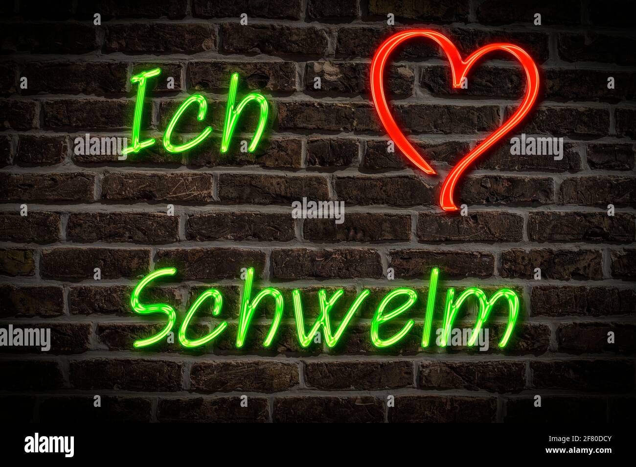 Leuchtreklame, Ich liebe Schwelm, Nordrhein-Westfalen, Deutschland, Europa | Illuminated advertising, I love Schwelm, North Rhine-Westphalia, Germany, Stock Photo