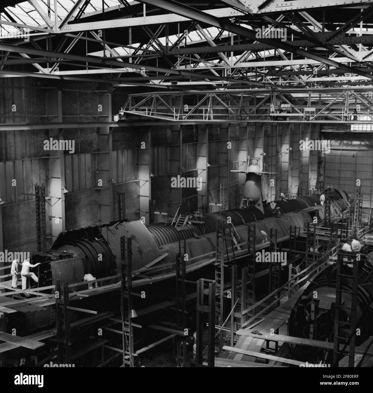 Building the submarines Dolphin (S 808) and seal (S 809) at the Construction site of Rotterdamsche Droogdok Maatschappij (RDM) in Rotterdam in 1958. Stock Photo