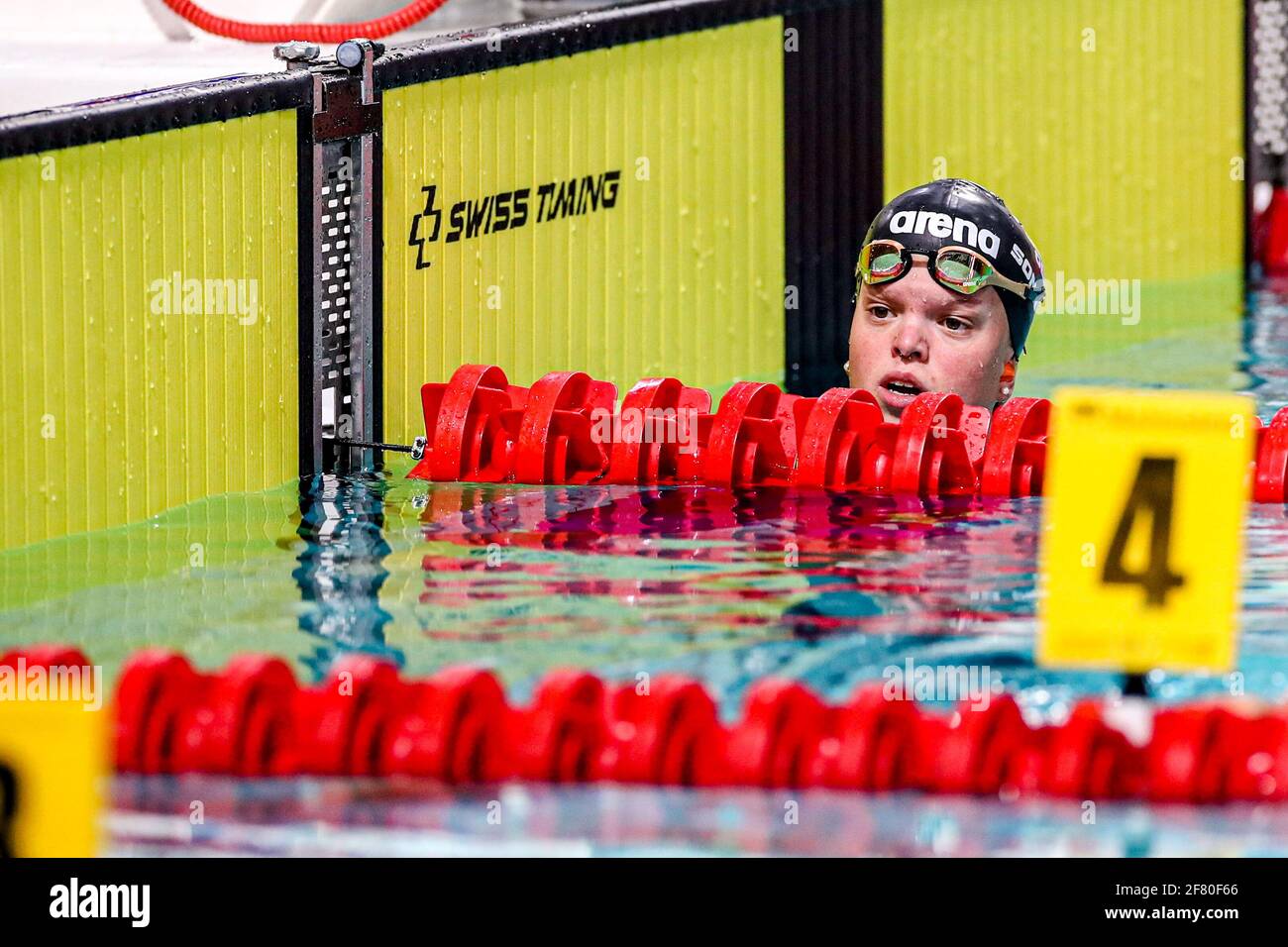 EINDHOVEN, NETHERLANDS - APRIL 10: Peggy Sonntag competing in the Women 100m Breaststroke Finals Para during the Eindhoven Qualification Meet at Piete Stock Photo