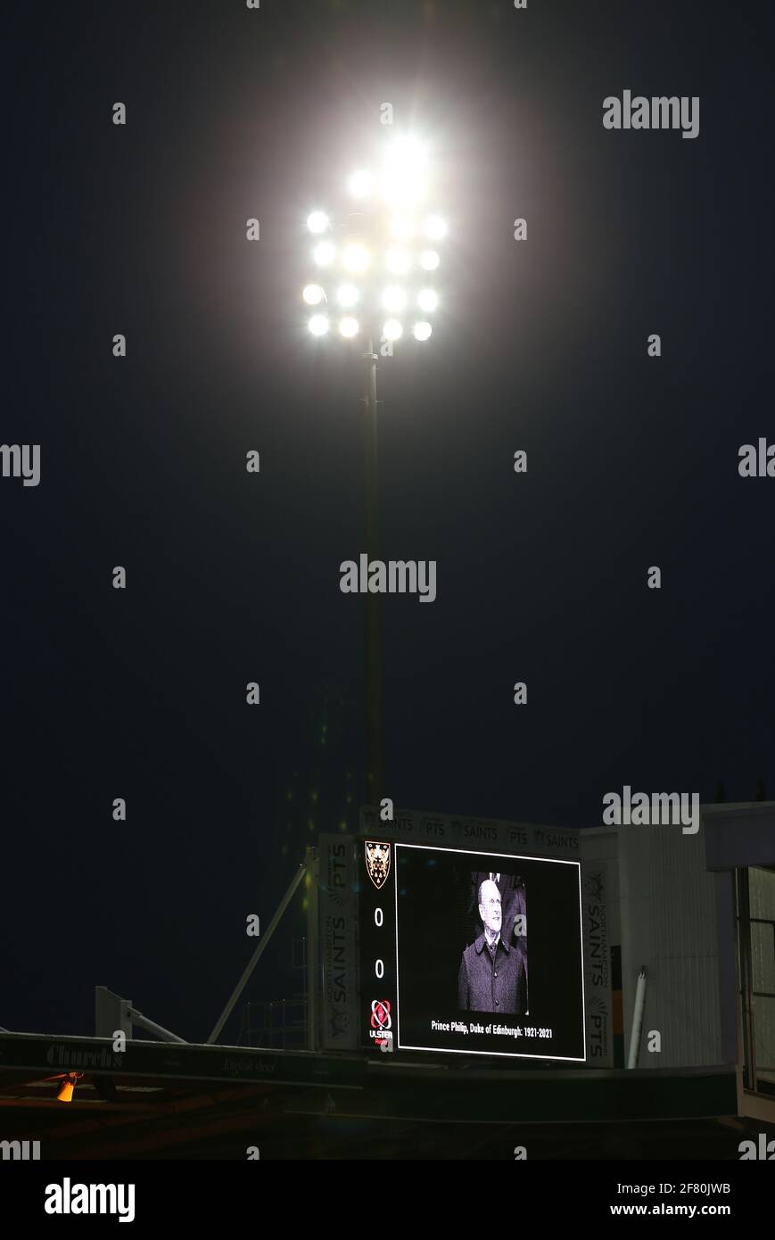 A tribute is seen on the big screen as the players stand for a two minute silence prior to kick off, following yesterdays announcement of the death of the Duke of Edinburgh at the age of 99 before the Challenge Cup, quarter final match at Franklin's Gardens, Northampton. Picture date: Saturday April 10, 2021. Stock Photo