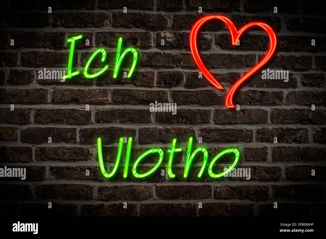 Leuchtreklame, Ich liebe Vlotho, Nordrhein-Westfalen, Deutschland, Europa | Illuminated advertising, I love Vlotho, North Rhine-Westphalia, Germany, E Stock Photo