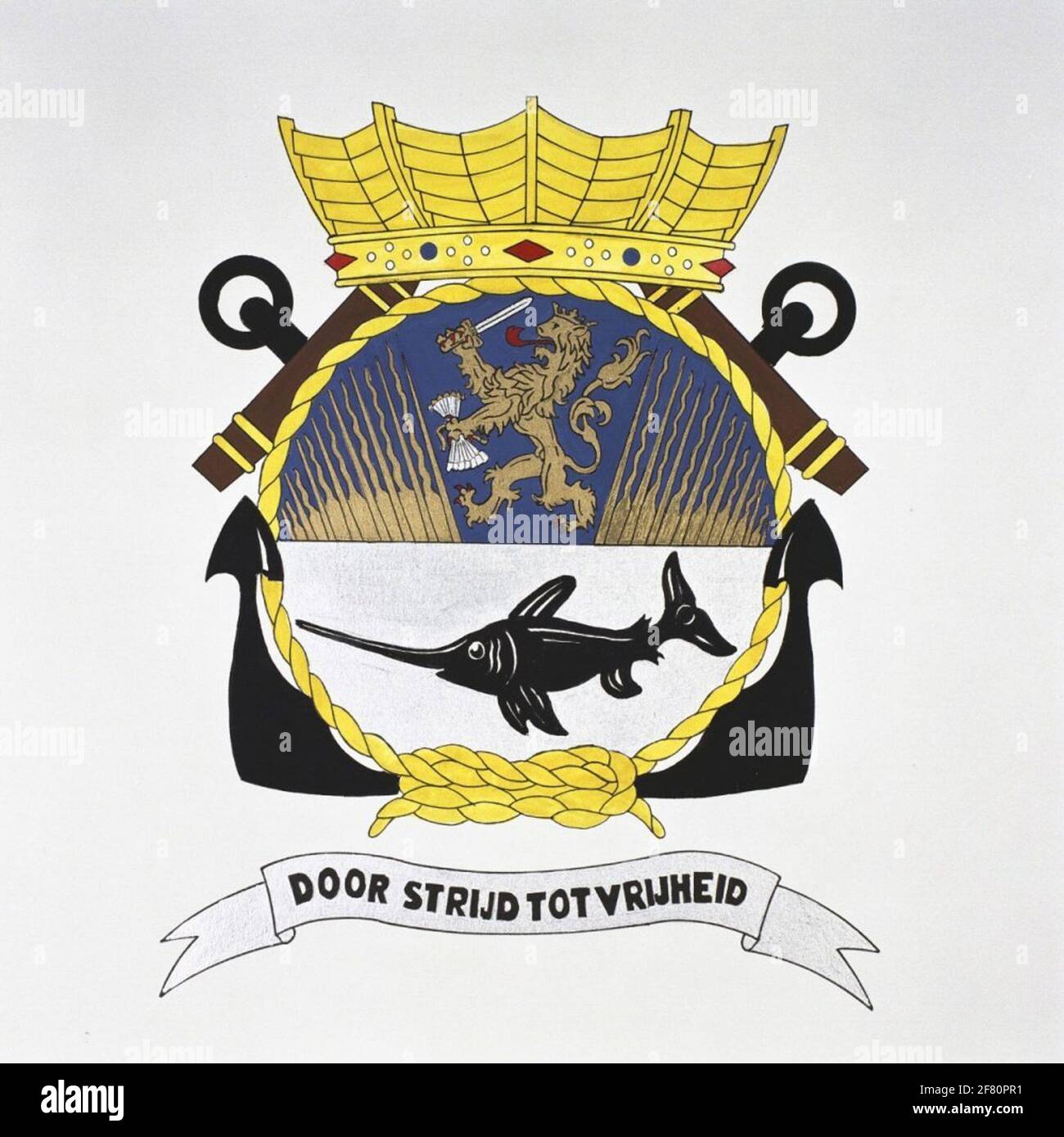 SWORDFISH. A crew member of this submarine designed this emblem in 1943.  The lion from the Dutch weapon is surrounded by the emerging sun of the  upcoming liberation. The emblem spell by, image size:1300x1390