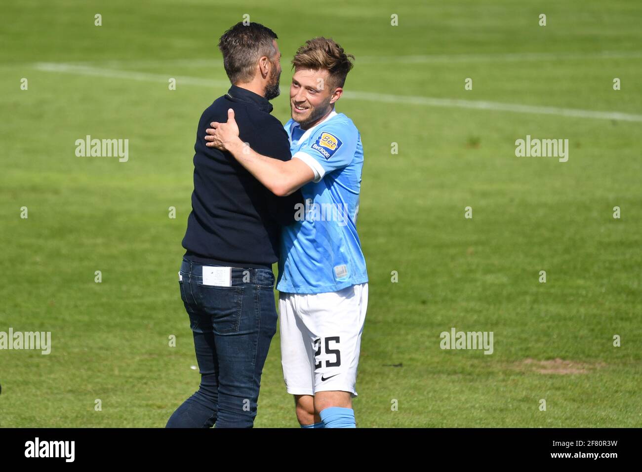 Muenchen GRUENWALDER STADION. 10th Apr, 2021. Mael CORBOZ (Verl), action,  duels versus Dennis DRESSEL (TSV Munich 1860). Soccer 3rd league, Liga3, TSV  Munich 1860 - SC Verl 3-2, on April 10th, 2021