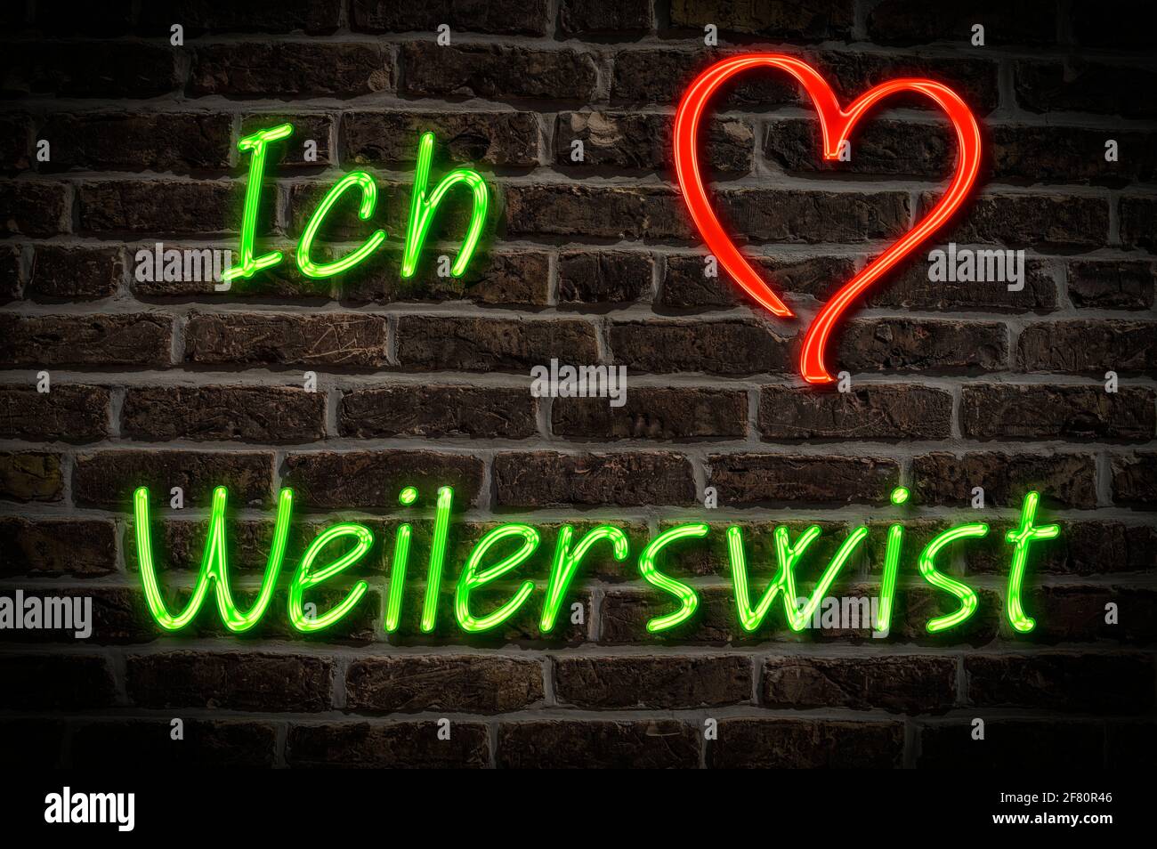 Leuchtreklame, Ich liebe Weilerswist, Nordrhein-Westfalen, Deutschland, Europa | Illuminated advertising, I love Weilerswist, North Rhine-Westphalia, Stock Photo
