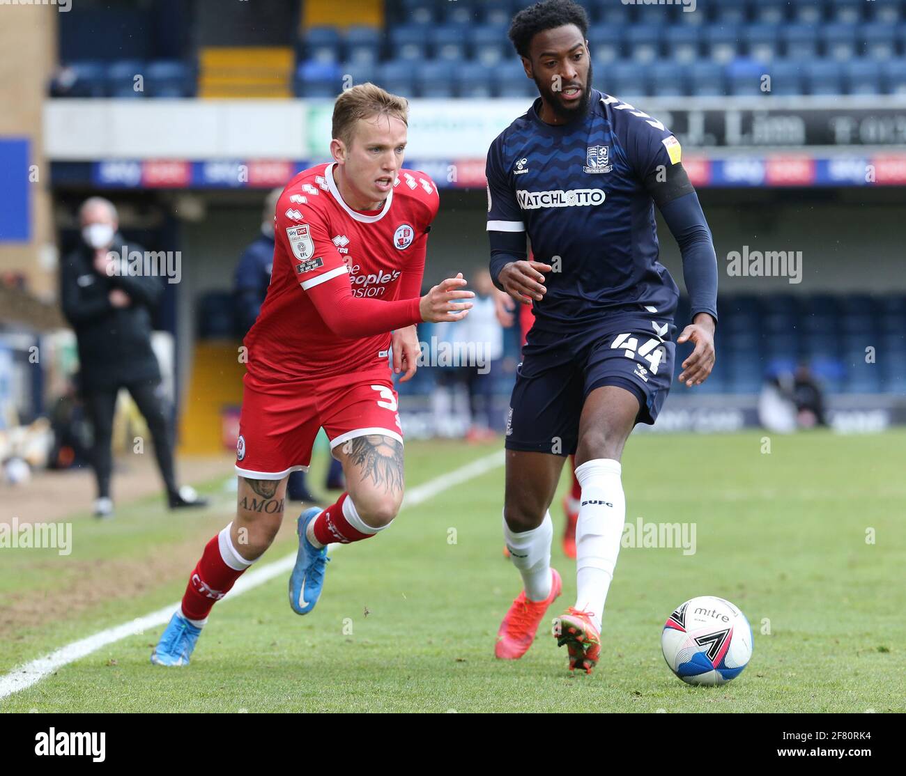 Southend, UK. 10th Apr, 2021. SOUTHEND, ENGLAND - APRIL 10: L-R Jordan  Maquire-Drew of Crawley Town and Nathan Ferguson of Southend United during  Sky Bet League Two between Southend United and Cawley