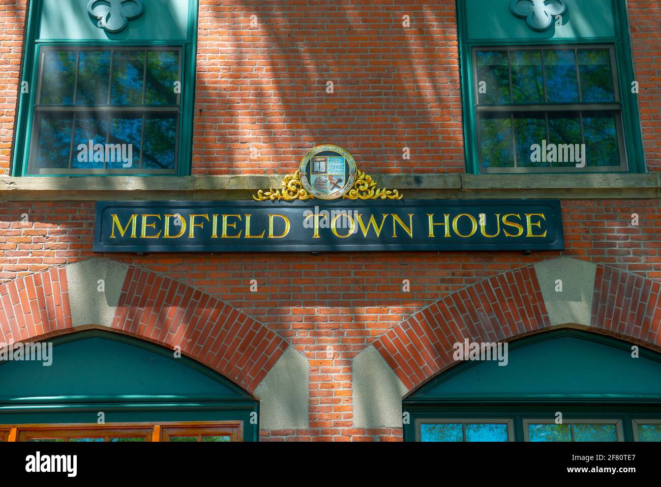 Town hall on Main Street at the town center of Medfield in Boston Metro West area, Massachusetts