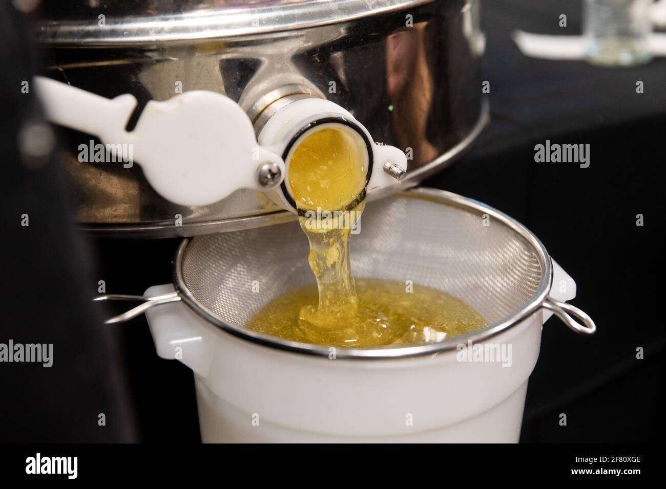 Fresh honey coming out of a container being filtered in a screen to go