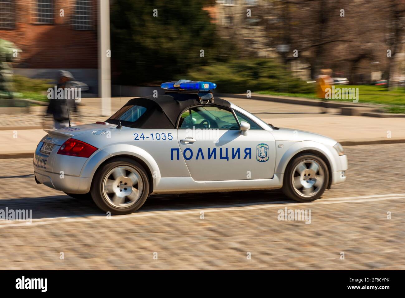 Audi TT convertible fancy police car panning view in Sofia, Bulgaria, Eastern Europe, EU Stock Photo