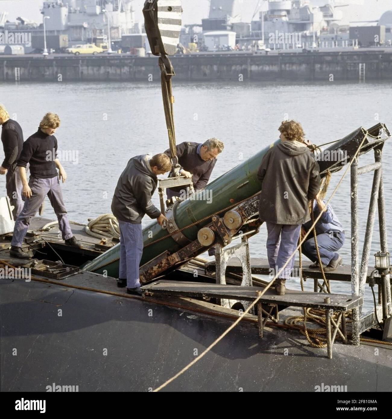 The submarine Hr.Ms. Swordfish (1972-1994) When boarding torpedoes on board. Stock Photo