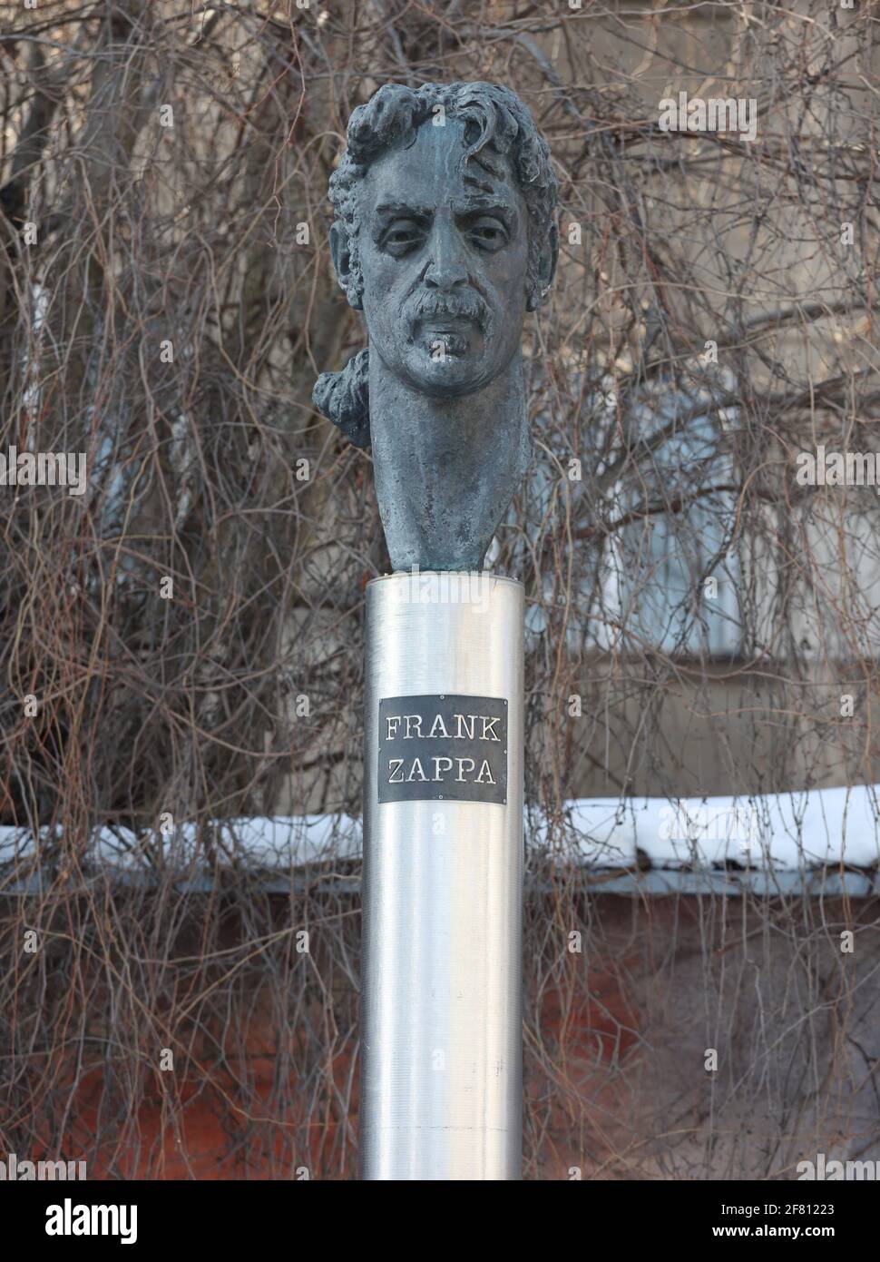 A bust sculpture of the legendary American musician Frank Zappa in Vilnius, Lithuania. The monument opened in 1995. Stock Photo