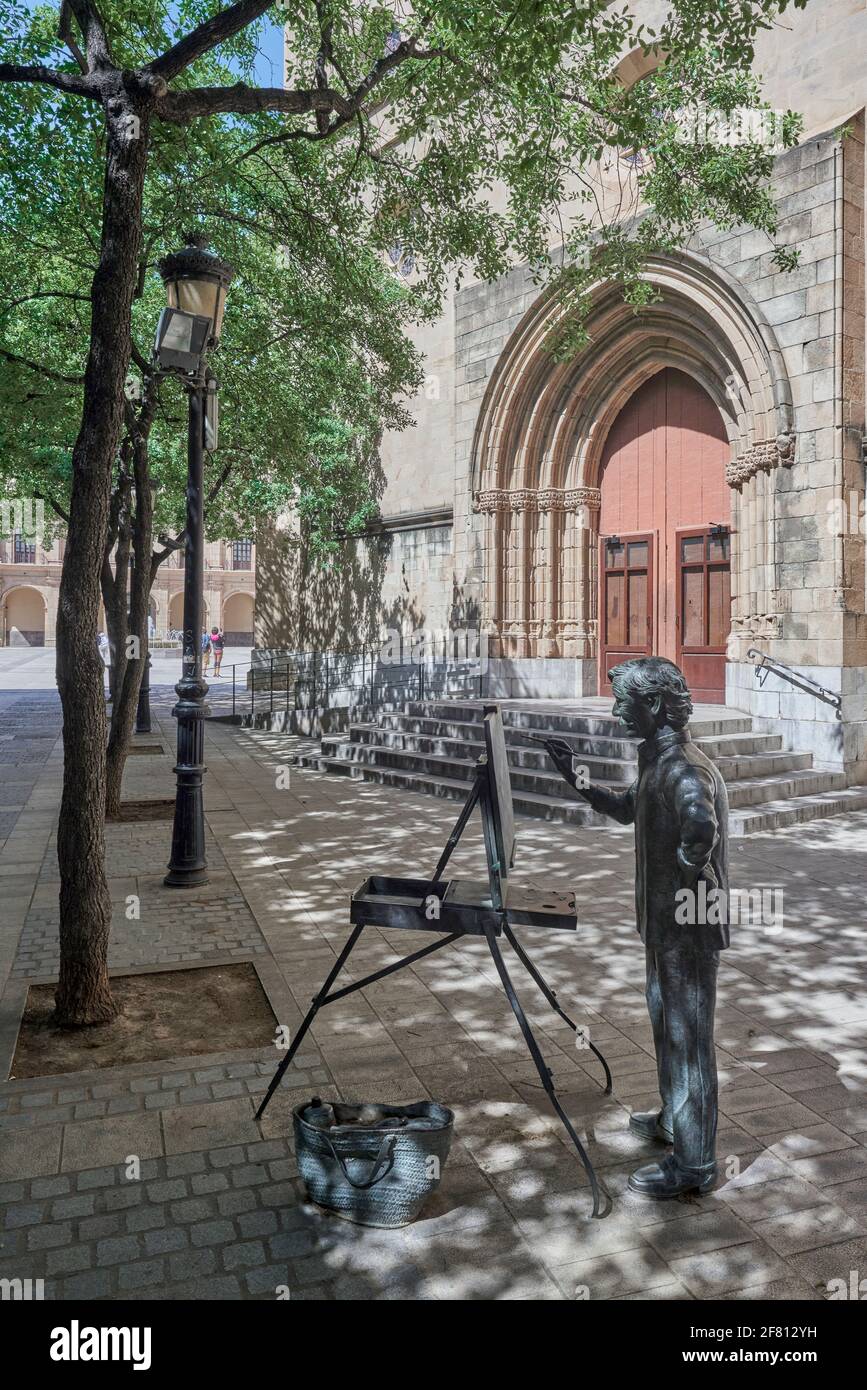 Bronze sculpture of artist painting by Cathedral del Santa Maria, tribute to artist Juan Jose Salas by Carlos Vento, Castellon de la Plana, Spain Stock Photo
