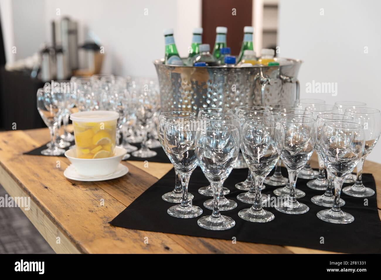 refreshment table with glasses ready to be used Stock Photo
