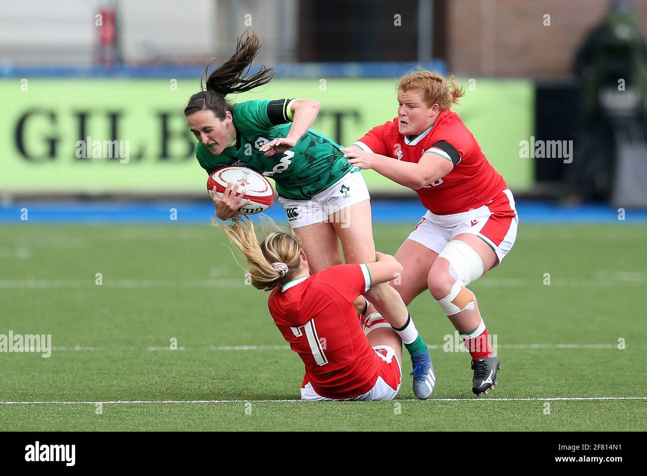 Cardiff, UK. 10th Apr, 2021. Hannah Tyrrell of Ireland women is tackled by Manon Johnes of Wales women. Guinness Women's Six Nations 2021 championship match, Wales v Ireland at the BT Sport Cardiff Arms Park in Cardiff, South Wales on Saturday 10th April 2021. this image may only be used for Editorial purposes. Editorial use only, pic by Andrew Orchard/Andrew Orchard sports photography/Alamy Live news Credit: Andrew Orchard sports photography/Alamy Live News Stock Photo