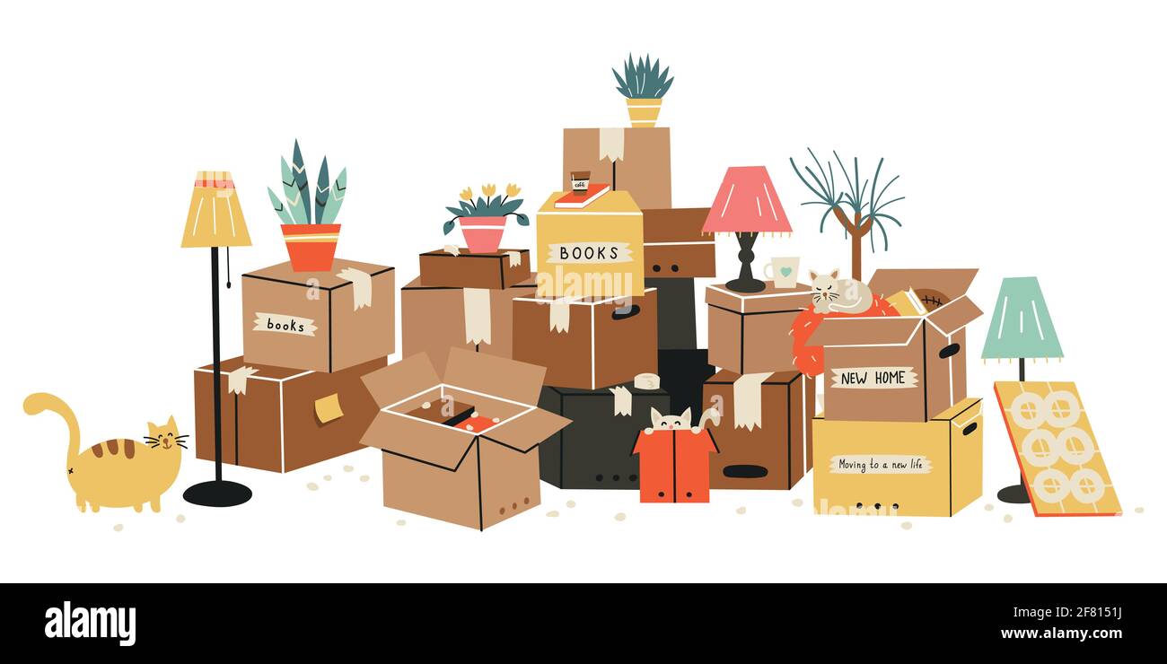 Moving to a new home. The family moved to a new home. Paper cardboard boxes  with various household items. Vector illustration in a flat style Stock  Vector Image & Art - Alamy