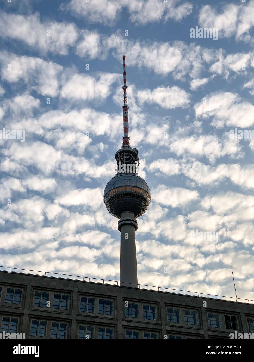 Berlin TV Tower under unusual clouds in September 2018. Stock Photo