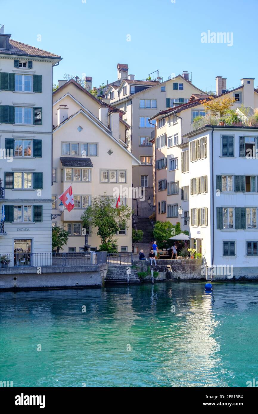 Central Zurich by the clean water in Zurich, Switzerland in September 2018. Stock Photo