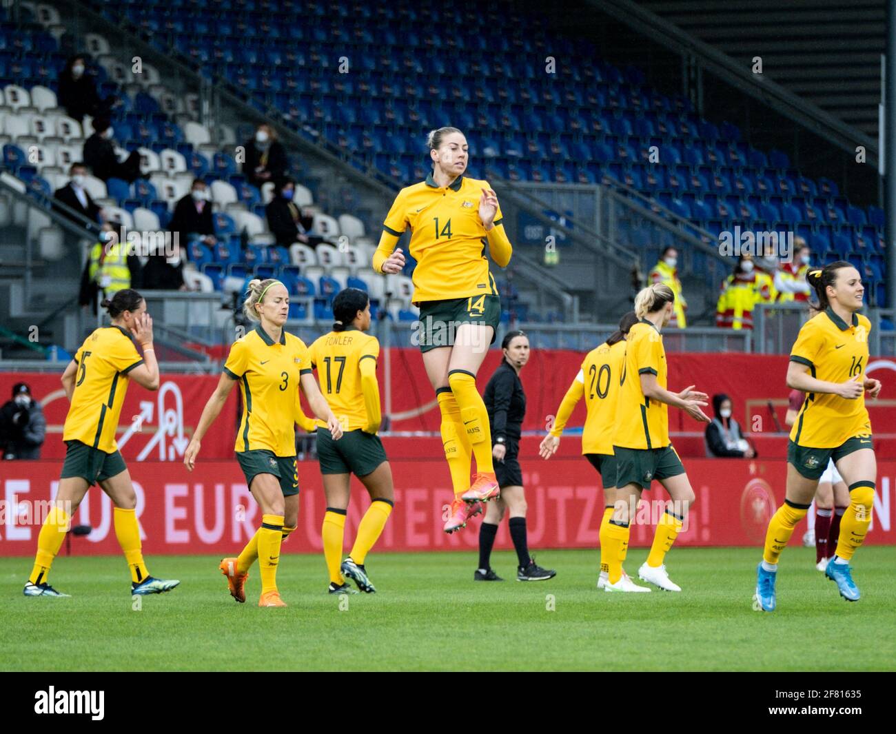 Wiesbaden, Germany . 10th Apr, 2021. Team Australia get ready for the Friendly match between Germany and Australia at the Brita-Arena in Wiesbaden Germany. Credit: SPP Sport Press Photo. /Alamy Live News Stock Photo