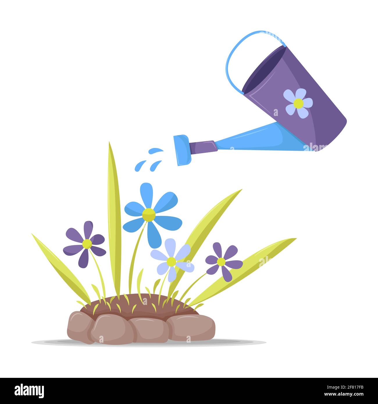 Gardening tools watering can and flowerbed isolated on white background ...
