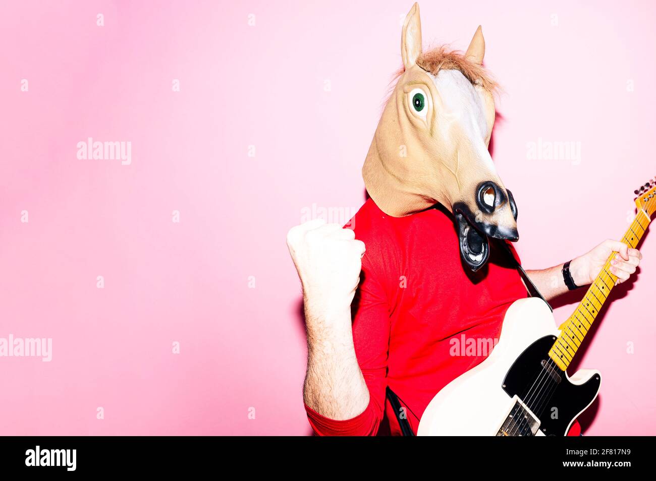 Man with horse mask playing electric guitar Stock Photo Alamy